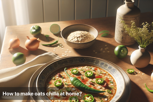 A vibrant bowl of oats chilla with green chilies and fresh ingredients on a wooden table.