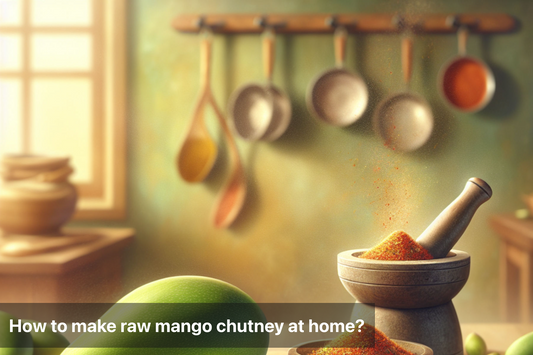 Ingredients and tools for making raw mango chutney at home