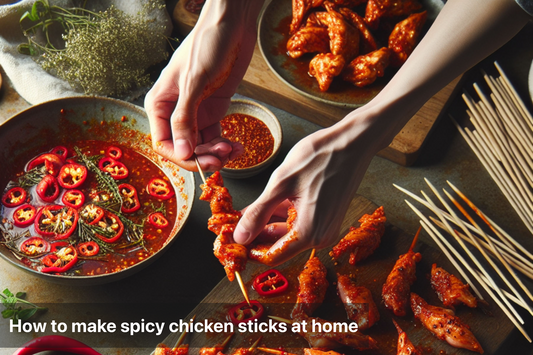 Preparing spicy chicken sticks with chili and marinade
