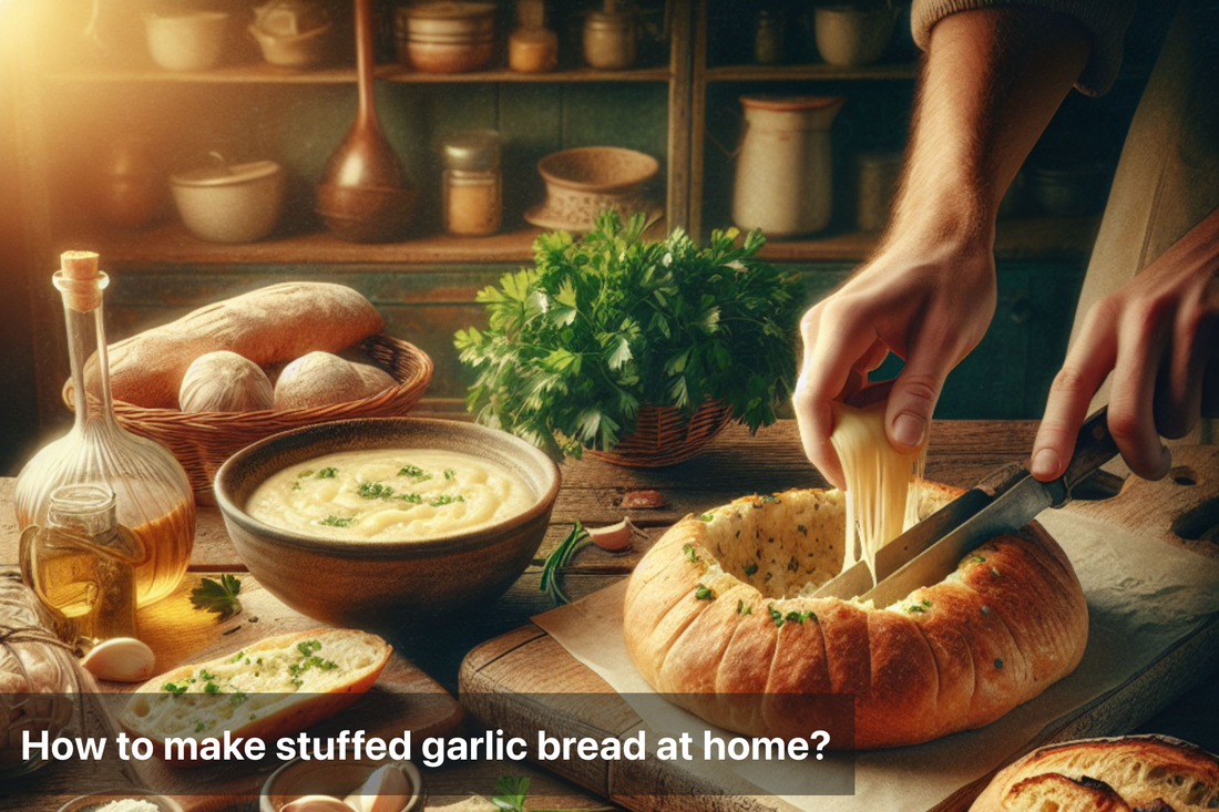 Delicious stuffed garlic bread being sliced at home kitchen