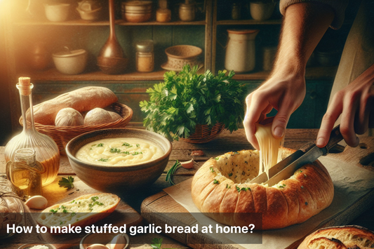 Delicious stuffed garlic bread being sliced at home kitchen