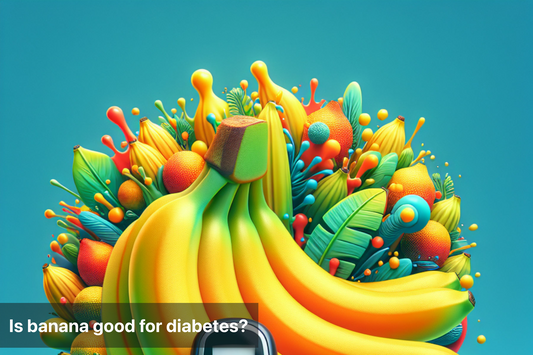 Colorful illustration of bananas surrounded by vibrant fruits and leaves, symbolizing health.