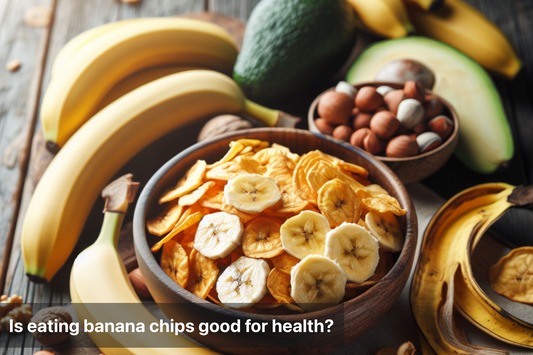 A bowl of banana chips surrounded by fresh bananas and nuts.