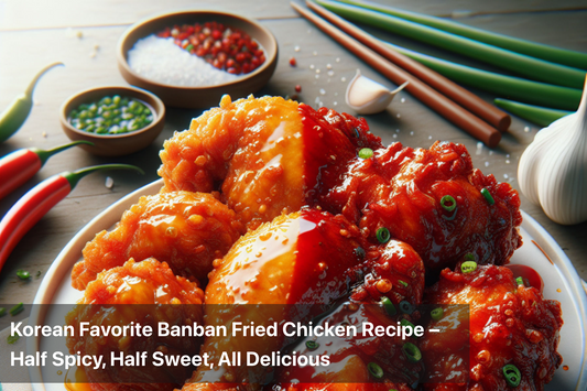 Korean Banban Fried Chicken - half spicy, half sweet, served with sauces and garnishes.