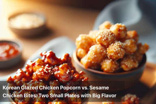 Korean glazed chicken popcorn and sesame chicken bites in bowls