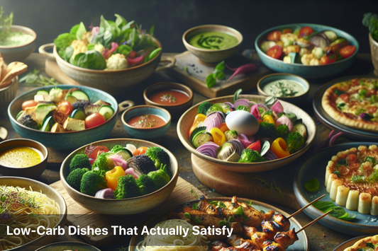 A variety of colorful low-carb dishes beautifully arranged on rustic bowls.