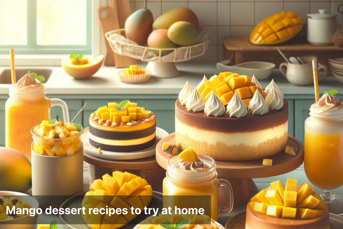 Colorful mango desserts and treats showcased on a kitchen counter
