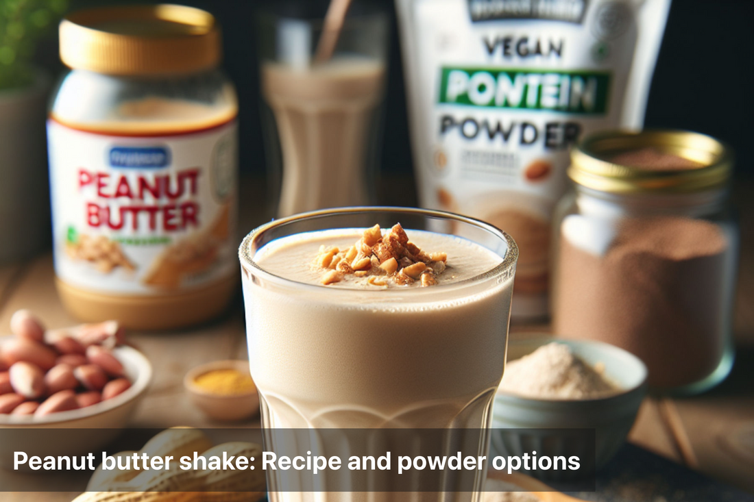 Delicious peanut butter shake with ingredients and powder options