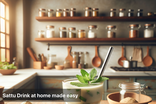 Refreshing homemade Sattu Drink garnished with mint in a kitchen setting.