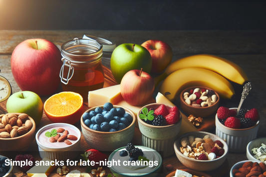 A variety of simple snacks including fruits, nuts, and yogurt for late-night cravings.