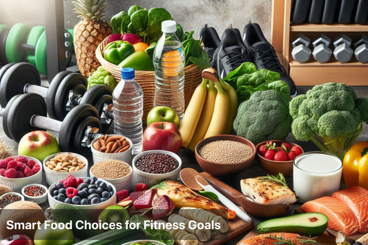Variety of healthy foods and fitness equipment for smart food choices