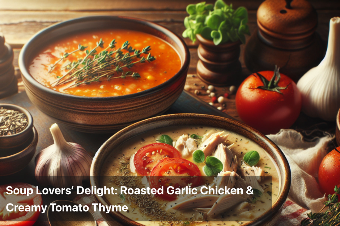 Two delicious soups: Roasted Garlic Chicken and Creamy Tomato Thyme with fresh ingredients.