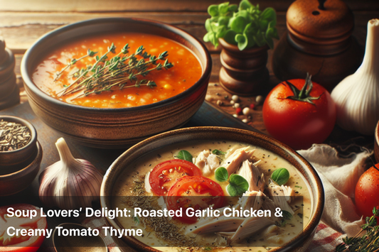 Two delicious soups: Roasted Garlic Chicken and Creamy Tomato Thyme with fresh ingredients.