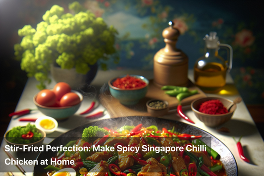 Plate of spicy Singapore Chilli Chicken with colorful vegetables on a table