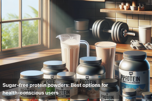 Variety of sugar-free protein powders on a kitchen counter