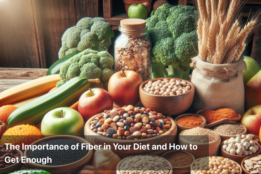 A variety of fiber-rich foods including fruits, vegetables, and grains.