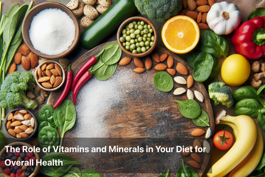 A variety of fruits, vegetables, and nuts, symbolizing the role of vitamins and minerals in health.