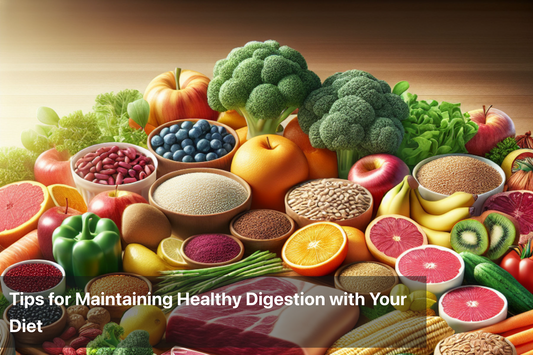 A colorful assortment of fruits, vegetables, and grains promoting healthy digestion.