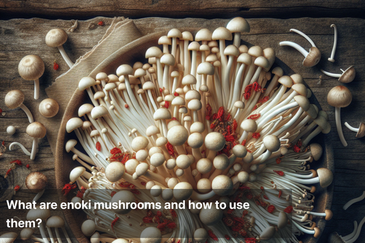 A variety of enoki mushrooms on a wooden surface
