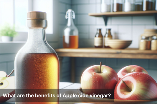 A bottle of apple cider vinegar with fresh apples on a kitchen counter