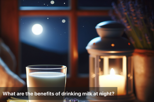 A glass of milk at night by a window with a candle and lavender, promoting restful sleep