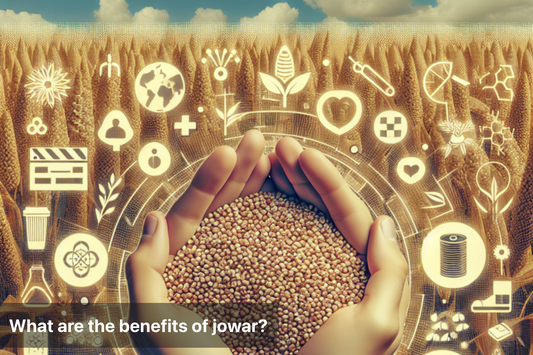 Hands holding jowar grains with health icons in background