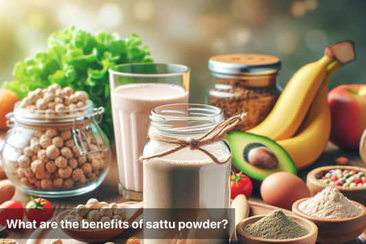 Sattu powder with various healthy ingredients displayed