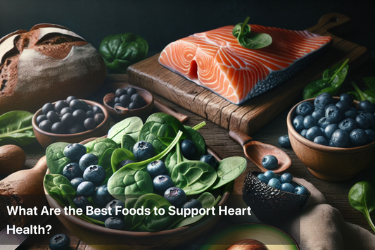 A selection of heart-healthy foods including salmon, spinach, and blueberries.