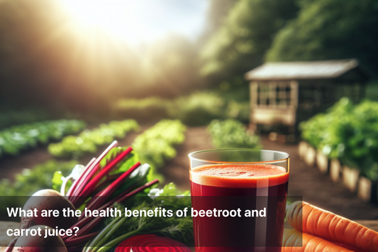 Glass of beetroot and carrot juice with fresh vegetables in garden