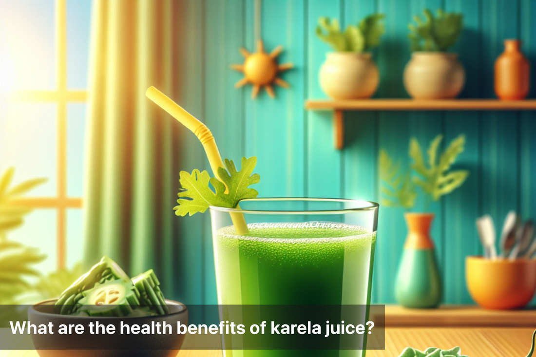 A refreshing glass of karela juice with fresh ingredients in a vibrant setting.