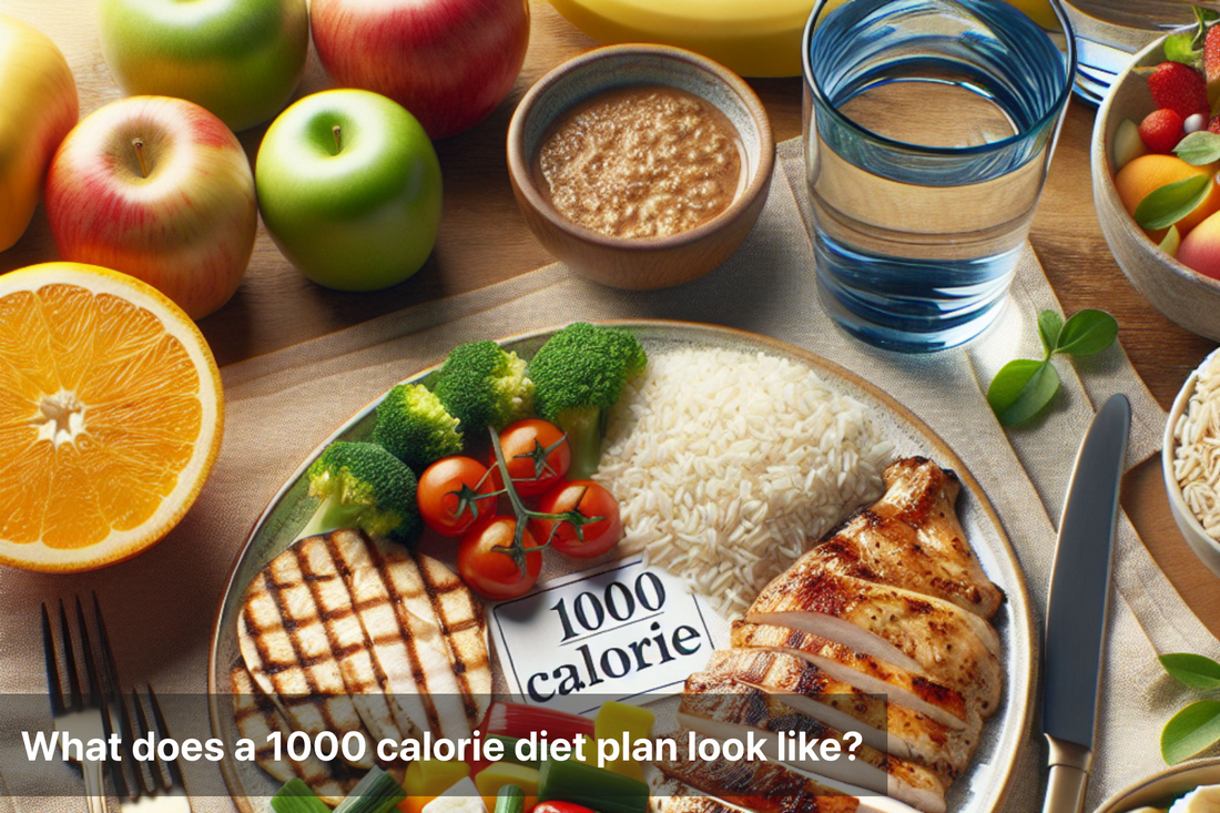 A healthy 1000 calorie meal featuring fruits, vegetables, rice, and chicken.