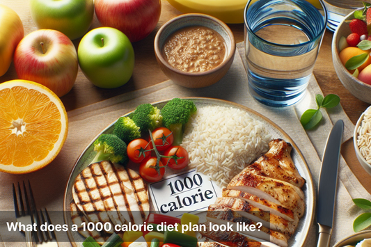 A healthy 1000 calorie meal featuring fruits, vegetables, rice, and chicken.