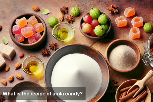Ingredients for amla candy including sugar, spices, and amla