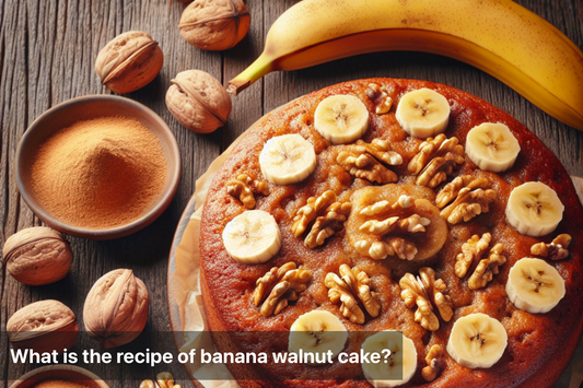 A delicious banana walnut cake topped with sliced bananas and walnuts