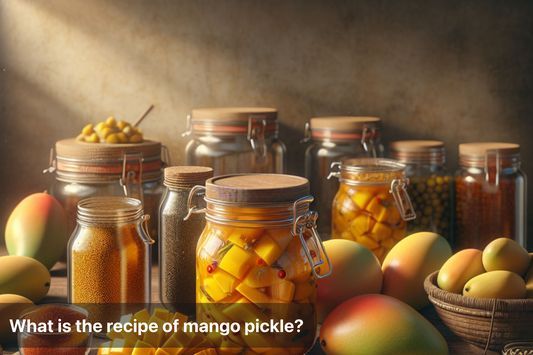 Jars of mango pickle and fresh mangoes on a rustic table