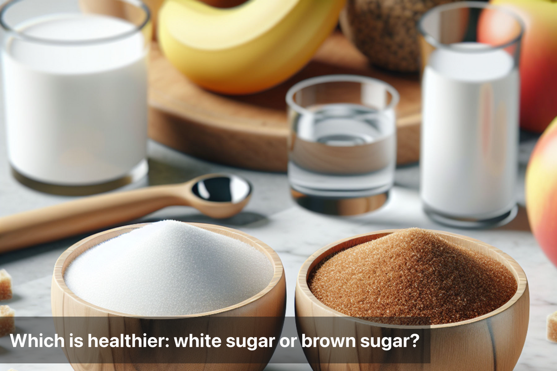 White sugar and brown sugar in bowls with fruits and dairy