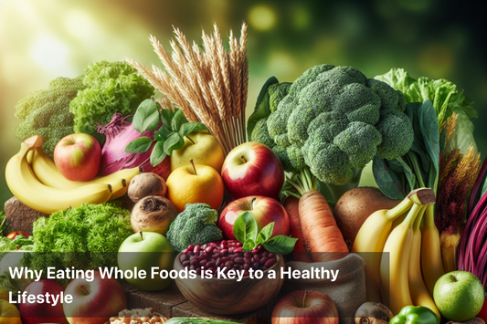 A vibrant display of various whole foods including fruits, vegetables, and grains.