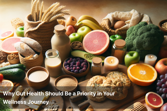 A colorful spread of nutritious foods promoting gut health